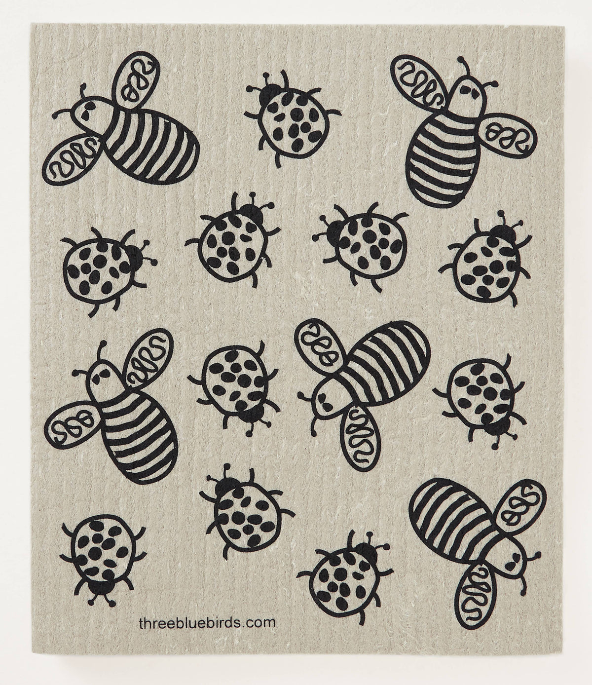 Swedish Dishcloth, Black Bees and Bugs on Sand, Three Bluebirds, MyEcoMark