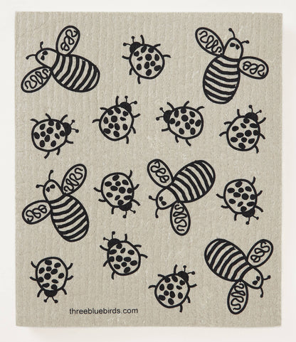 Swedish Dishcloth, Black Bees and Bugs on Sand, Three Bluebirds, MyEcoMark