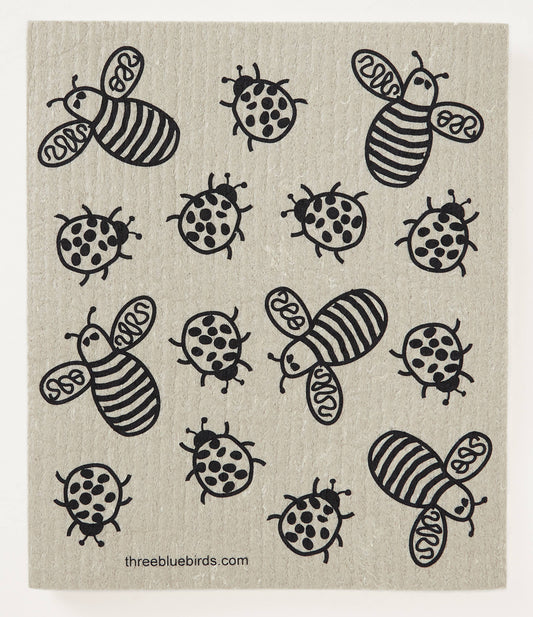 Swedish Dishcloth, Black Bees and Bugs on Sand, Three Bluebirds, MyEcoMark